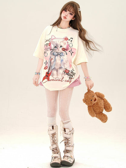 アプリコット/ピンクのスウィートキャットルーズTシャツ