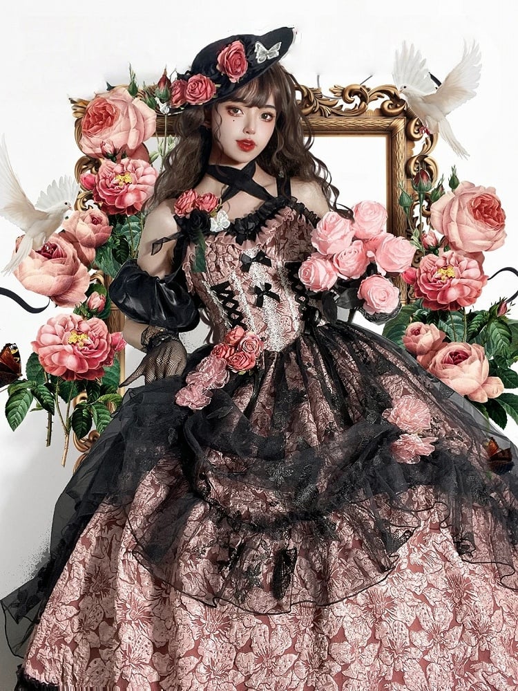 Floral Dark Bow Hime Details Dress Black Hanayome-style Pink Lace and Lolita with Embossed