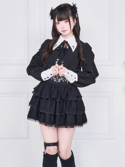 Lacing Jirai Embroidered with Blouse - White Kei Sleeve Long Back Cross Black