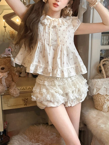 Dollcore Blouse Beige Floral  Ruffle Trim Print With