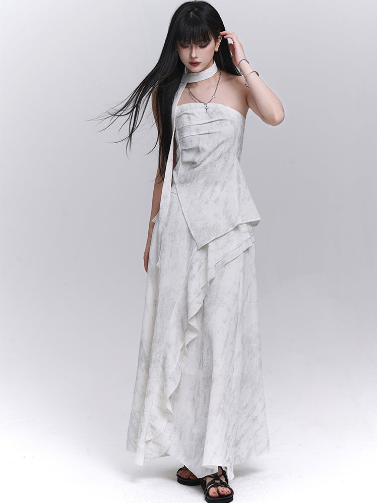 Off-white Side Strapless Top / Elastic Waist Scarf Slit with