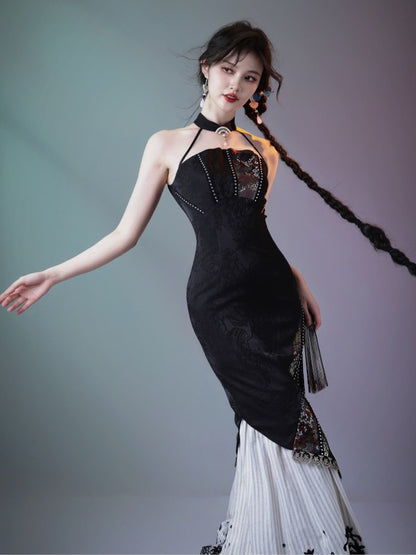 Vintage Halter Neck Lace Dress with Embroidery - sijinstudio