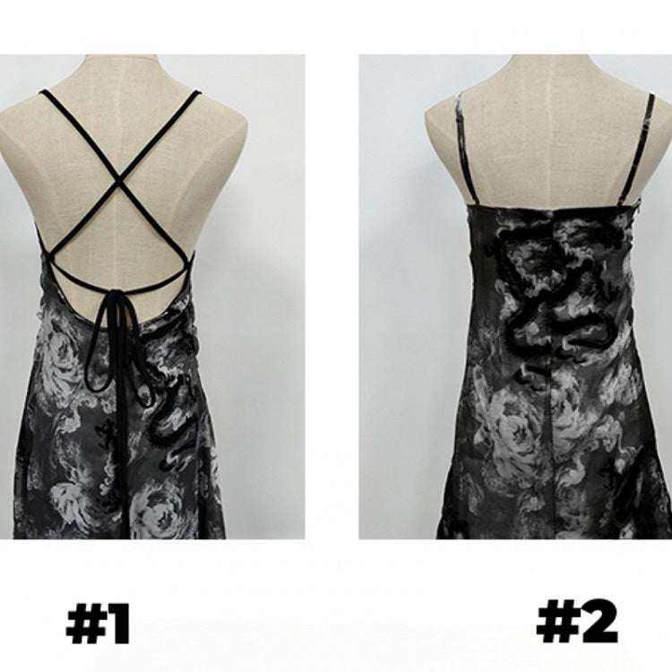 Black and Gray Dragon Print Backless/Covered-Back Slip Dress