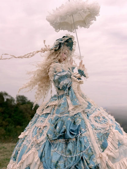 with Sleeves Sweetheart and Ruffle Layers Bell Applique Gorgeous Blue Gown Hime Lolita Beaded Lace