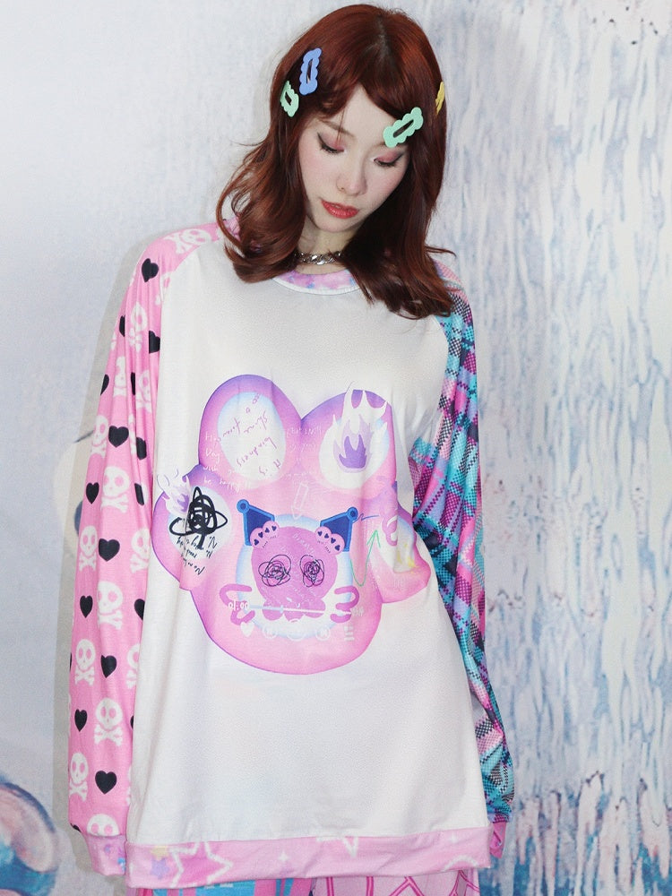 Claw Cat Heart Long And Print Sleeves Plaid Pattern Skeleton Top Y2K White