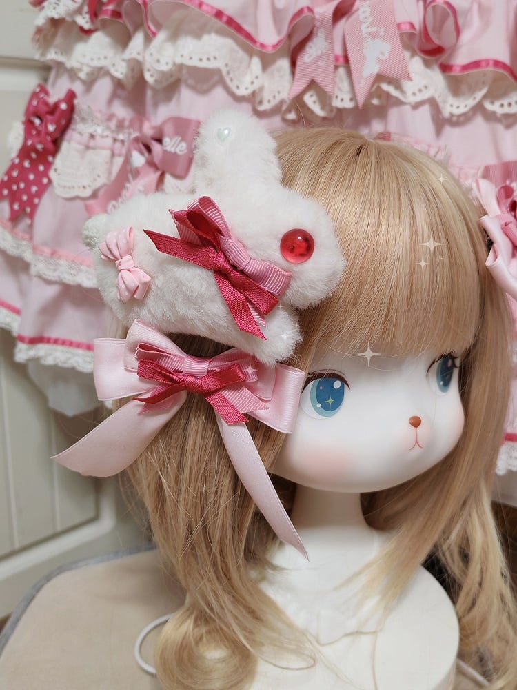 White/Pink Bowknot + Lolita Sweet Plush Hairclip Bunny