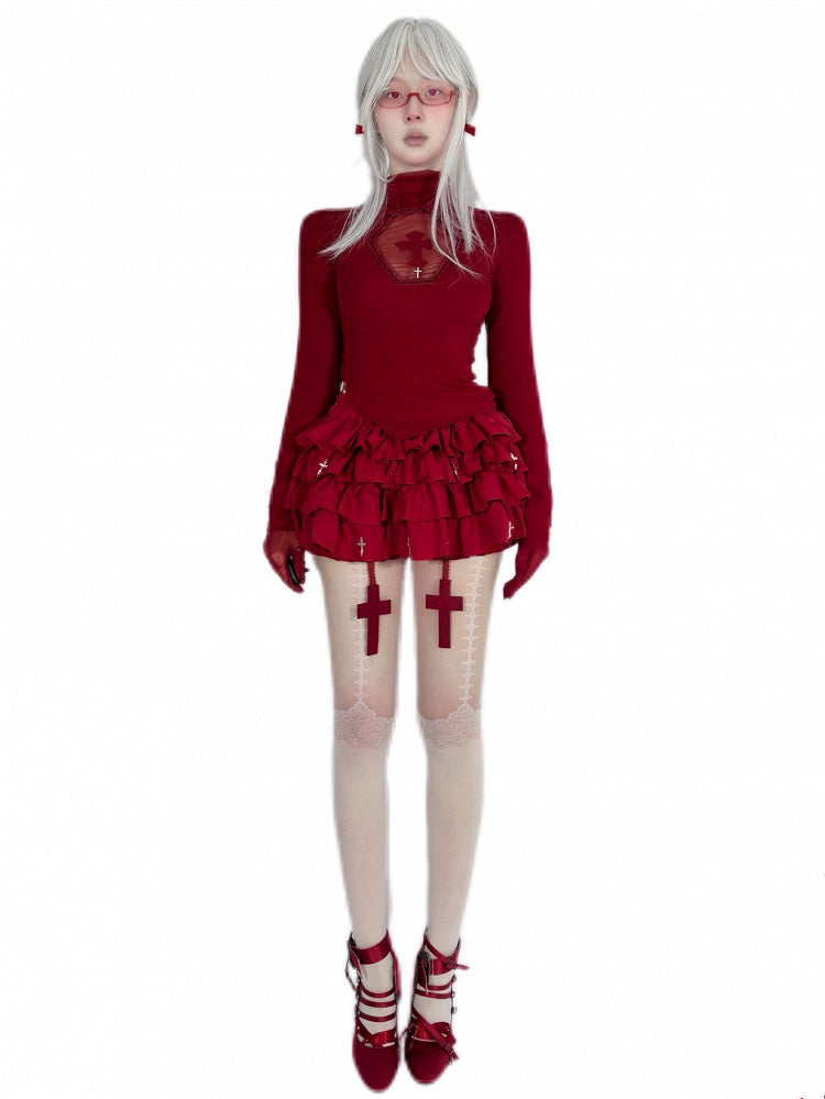 Gothic Red Cross Charms Tiered Ruffles Skort