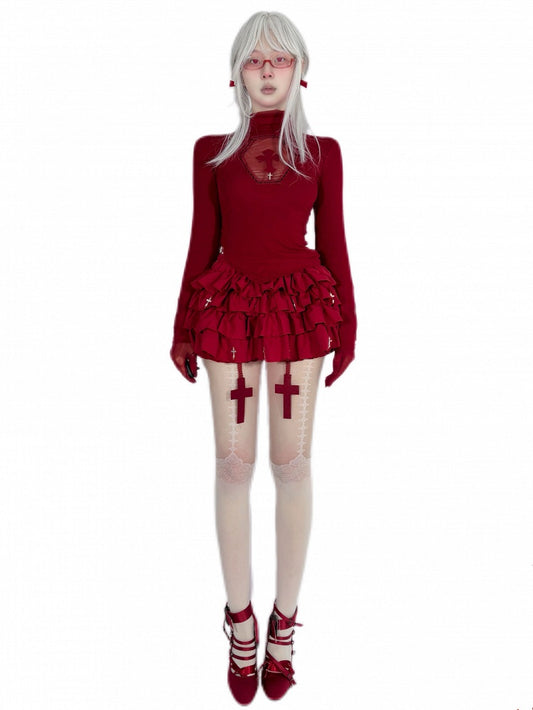 Gothic Red Cross Charms Tiered Ruffles Skort