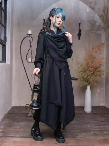 Seahorse with Style Embroidery Black Cheongsam Dress Hem Detail at Lace-up Tassel Front Blue