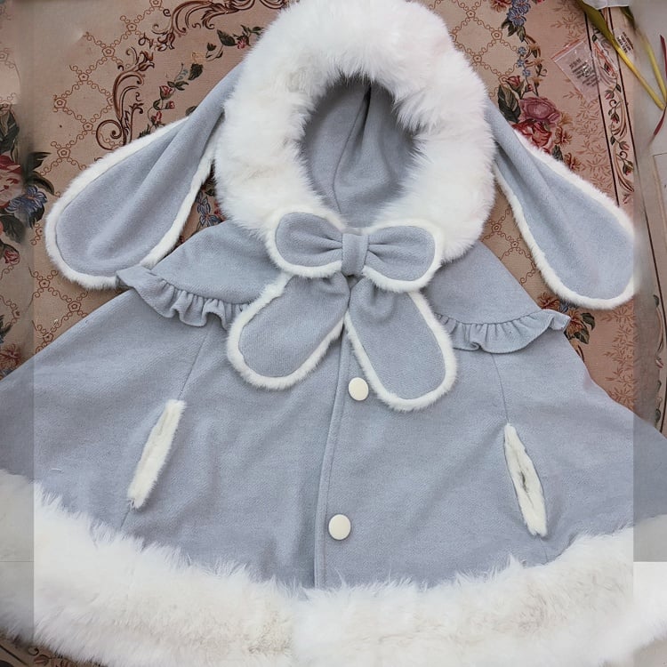 Coat with and Winter Bunny Lolita Blue Lining Sweet Ears Plush Cape