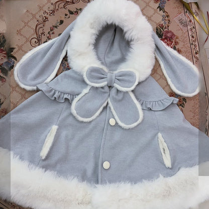 Coat with and Winter Bunny Lolita Blue Lining Sweet Ears Plush Cape