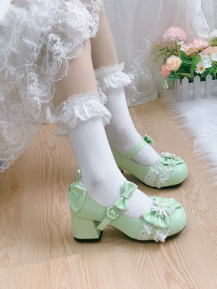 Kawaii Green Cherry Blossom Mid-Heel Lolita Shoes - Hazelnut Bear