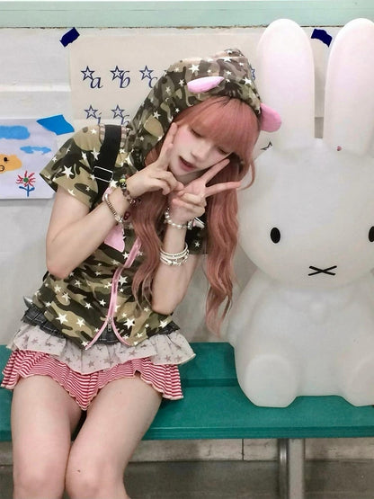 Bear Zip-Up Subculture with Ears Hood Camouflage T-shirt