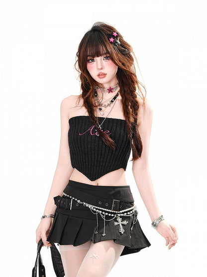 Black Curved Hem Glamorous Cropped Knitted Strapless Top with Lace-up Detail at Back