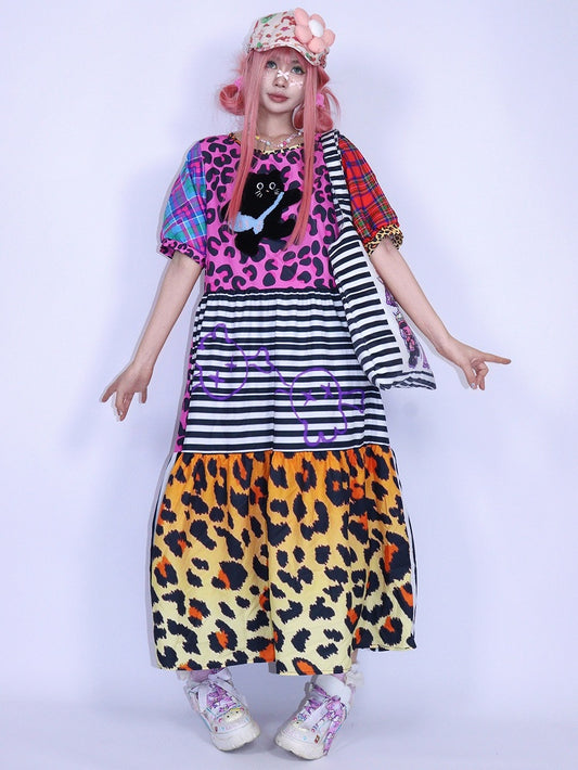 Ärmeldruck Rosa Puff Leopard Gyaru Modekleid