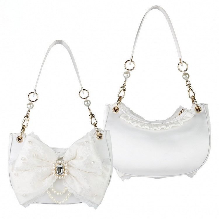 Sweet Lolita Satin Shoulder Bag with Sparkling Beaded Bow - Sheep Puff Bag
