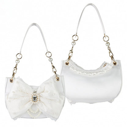 Sweet Lolita Satin Shoulder Bag with Sparkling Beaded Bow - Sheep Puff Bag