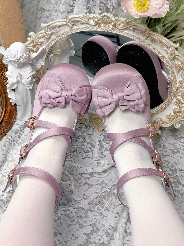 Bow Accents & Kitty-shaped Snap Satin Dusty Purple Mid-heel Shoes in Elegant Lolita
