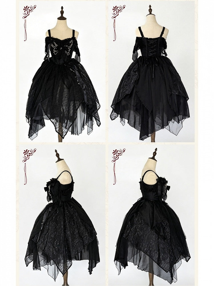Black Asymmetrical Hem Lolita JSK Gown with Butterfly Rhinestones S-3XL - Sweet Wood Lolita