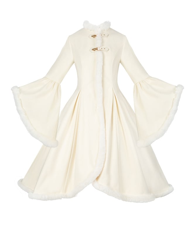 オフホワイトのフリース裏地付きウールコート（プラッシュトリム）