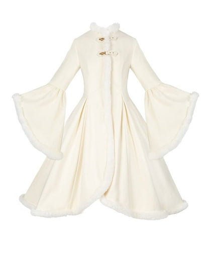 オフホワイトのフリース裏地付きウールコート（プラッシュトリム）