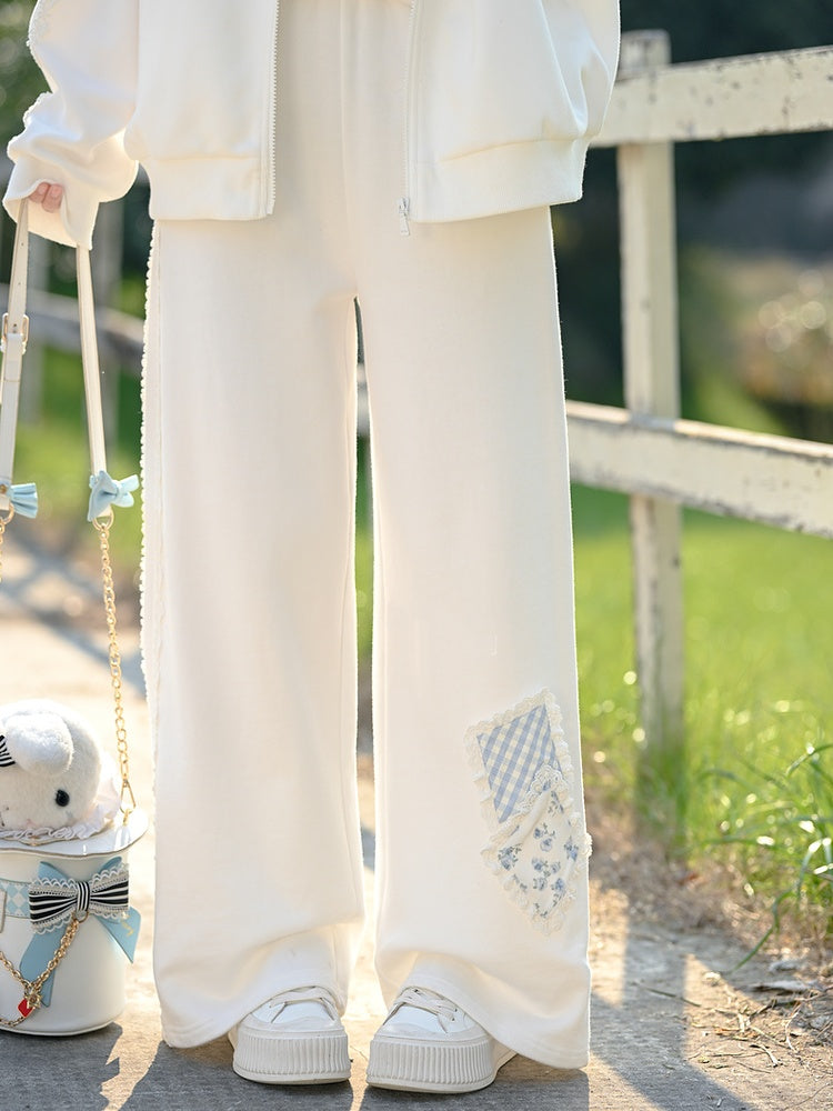 Blue/White Elastic Waist Floral Applique Wide-Leg Pants Regular/Short Version