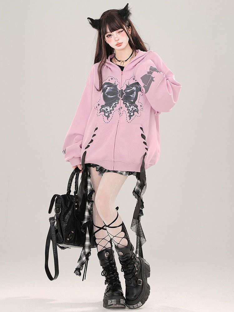 Apricot/Pink Bat Wings Bow Print Zip Hoodie