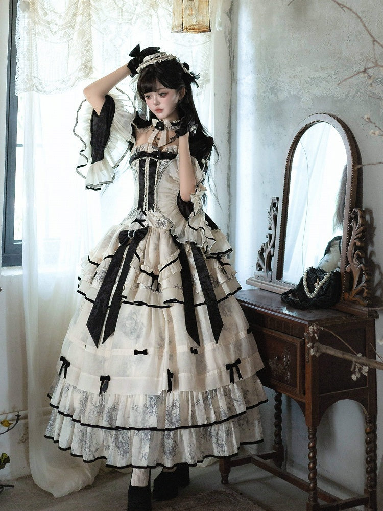 White Layers Long Underskirt with Black Bowknot Trim - Magic Skirt Cat
