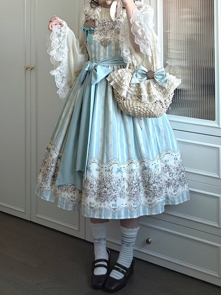 Version Jumper and Lolita Skirt Print Blue Classic Floral Clock Long