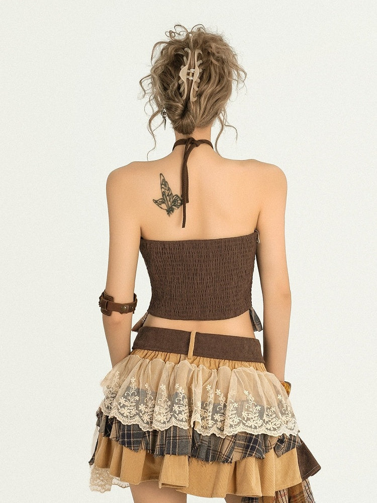 Plaid Halter Lace Trim Sleeveless Brown Wasteland Top
