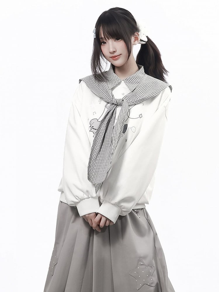 Casual Kawaii Gray White Plaid Shawl - PINK SAVIOR