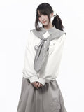Kawaii White Crewneck Mouse Print Sweatshirt Plaid Shawl Set - PINK SAVIOR