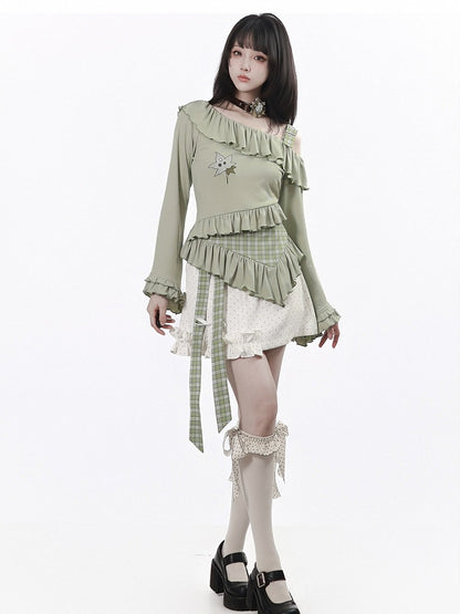 Light Green Asymmetrical Flare Sleeve Top with Ruffle and Leaf Embroidery - PINK SAVIOR