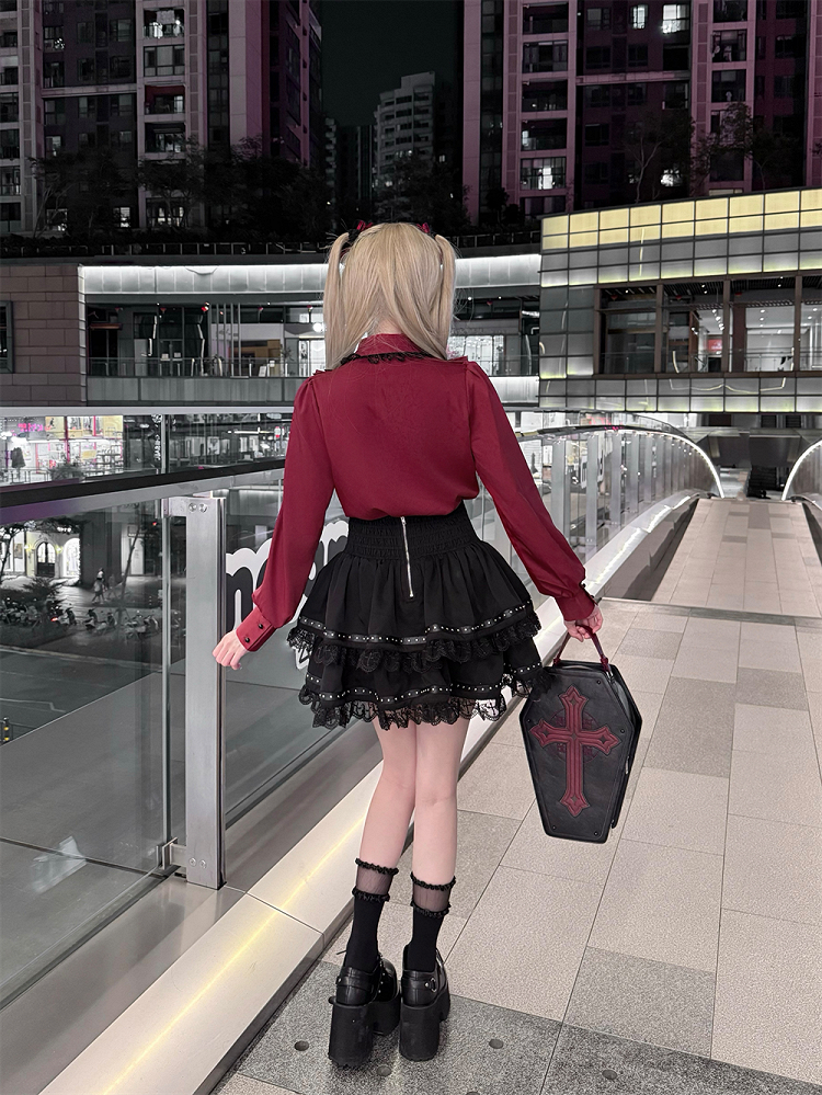 Lace Wine Black Trim Red Blouse Kei Jirai Bittersweet with Long Sleeves