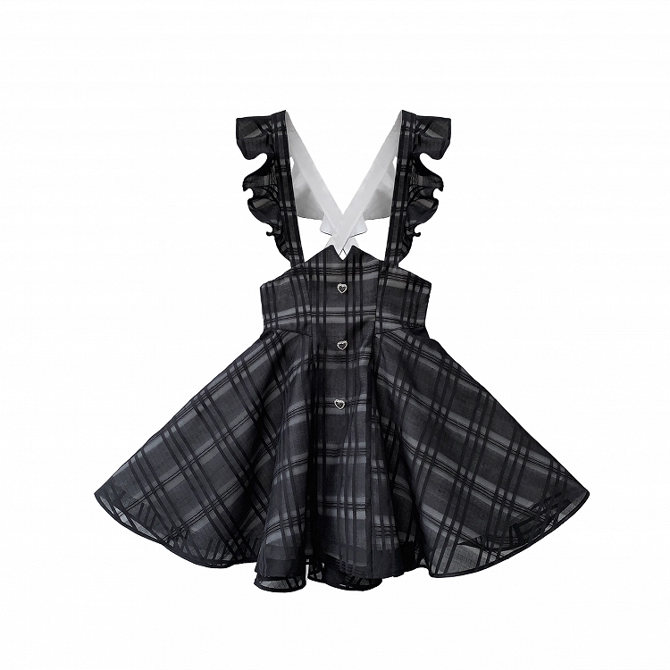 with Flutter Sleeves Waist Black Plaid Overall Dress Short Version Jirai Kei High