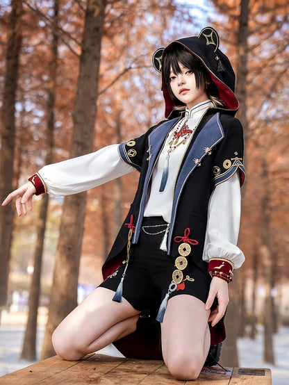 Black Ouji Fashion Chinoiserie Copper Coins Panda Ears Hooded Coat