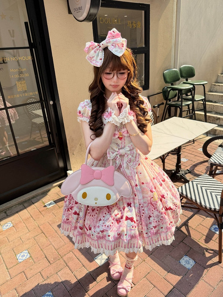 Cat Print Cream Sweet Lolita OP Dress with Removable Crisscross Halter Straps - Pastry Chef