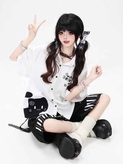 Piano Key Print White Wide-Leg Pants with Belt - CRAZY GIRL
