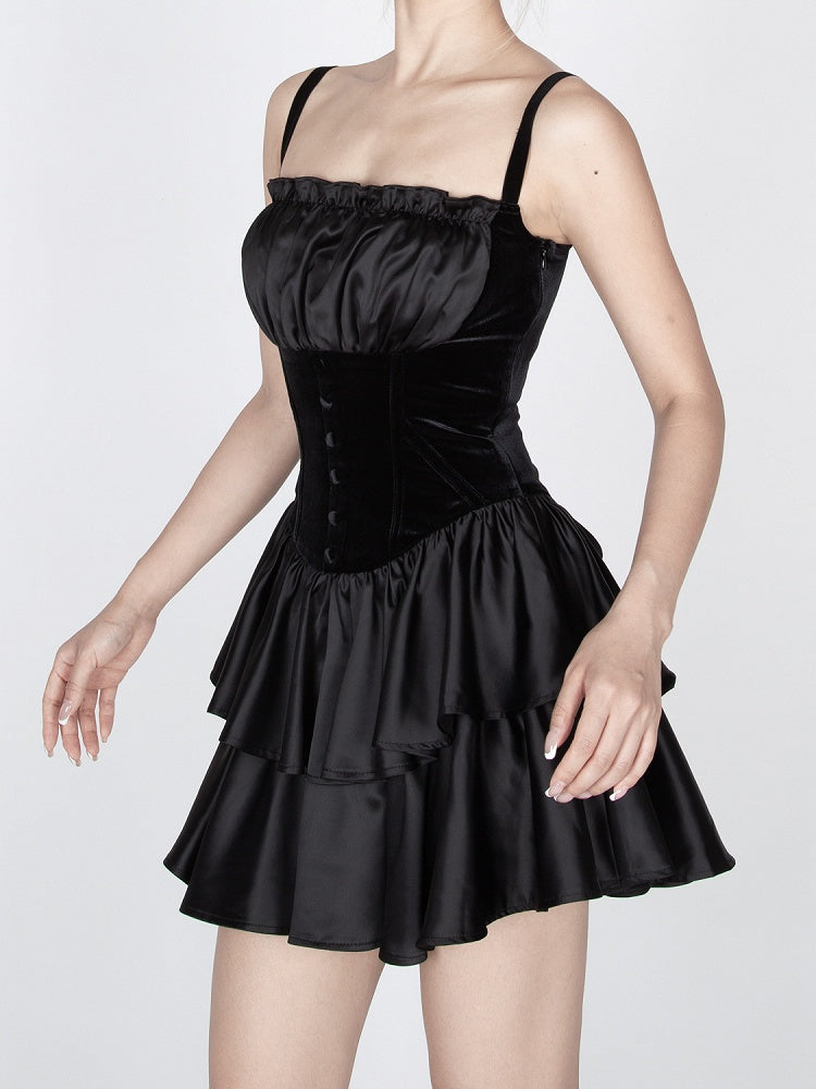 Gothic Schwarzer Stufenrock Vintage Cami Kleid