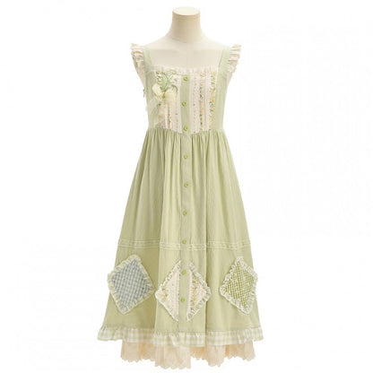 Mori Kei Green Floral Applique Sleeveless Dress