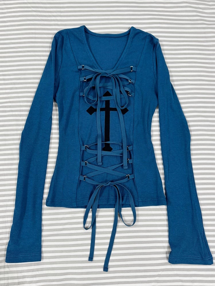 Front with Alternative Fashion Lace-up Klein Blue Cross Long Sleeve Top Details