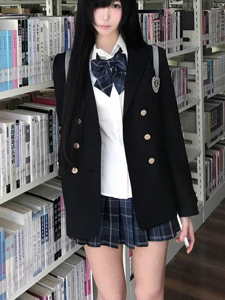 JK Dekoriert Blazer Blau Preppy Stil Abzeichen Uniform Dunkel