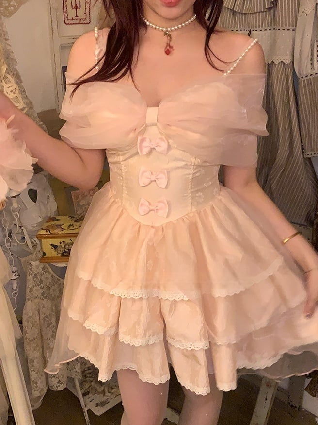 Bow Skirt Off-Shoulder Champagne Straps Dress with and Big Beaded Tiered