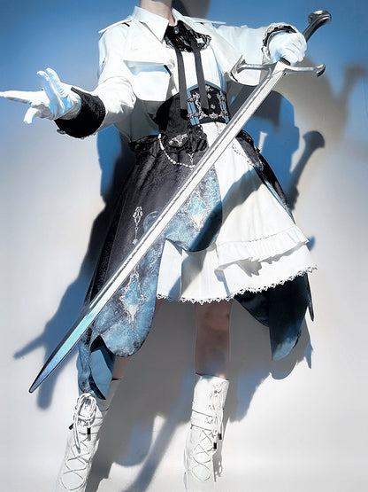 Waist Lolita Military Set High-low + Corset Cropped White Sleeveless Sleeves Full Skirt Futuristic Long Top Dress