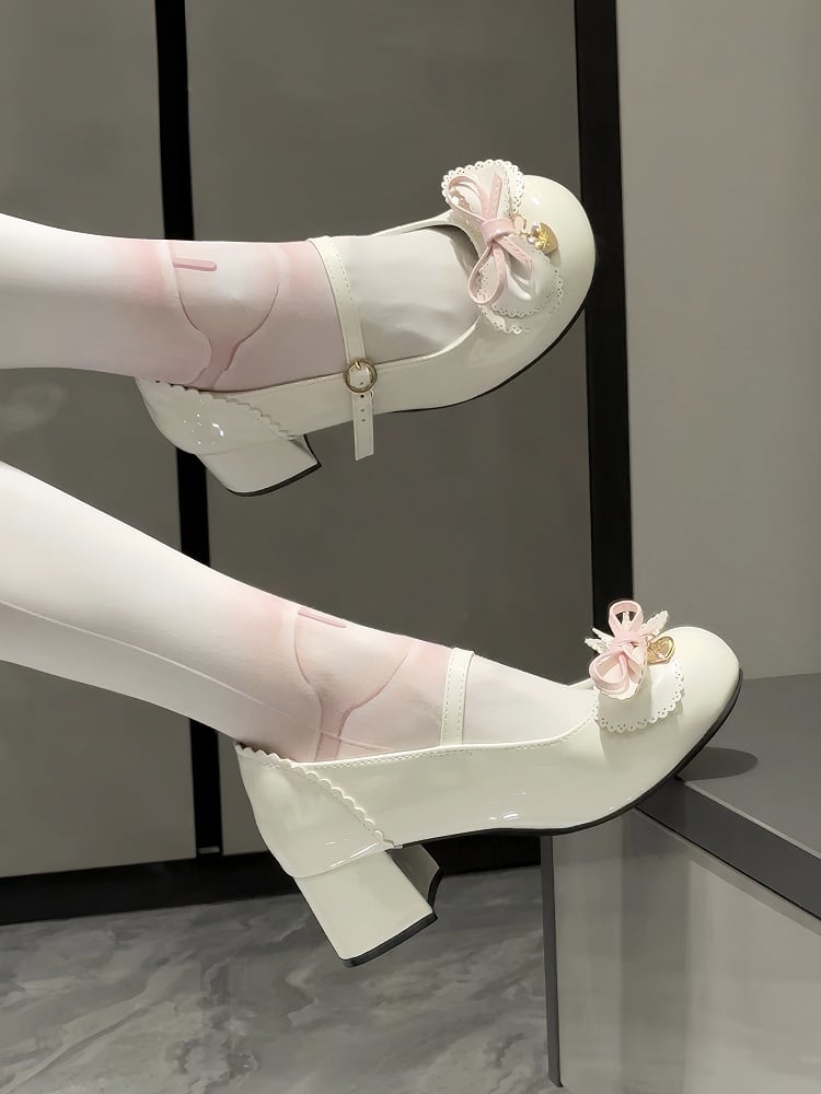 Circle at Jane 5cm White Mary Top Sweet Shoes Heeled with PU Bow Lolita Fastener