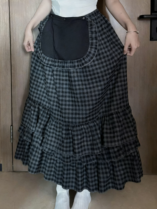 with Plaid Skirt Ankle Length Apron Tiered Trim Ruffle