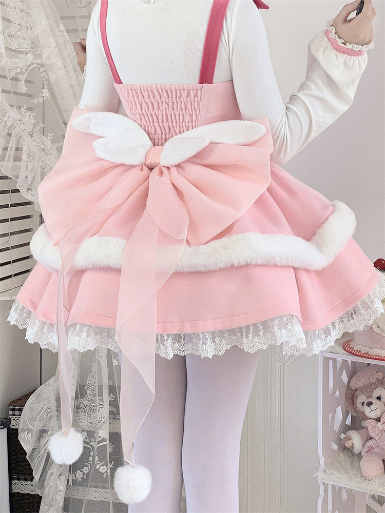 White Plush Angel Wings Pink Organza Big Bow Train