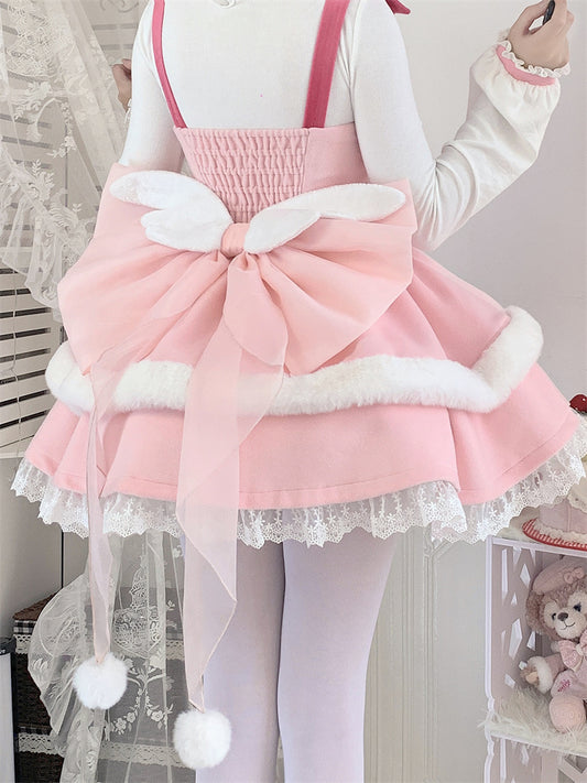 White Plush Angel Wings Pink Organza Big Bow Train