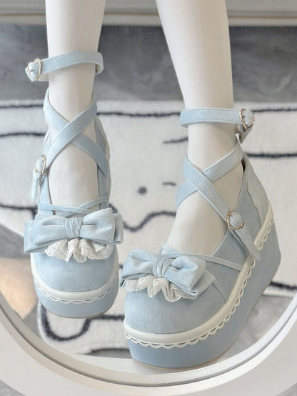 Mary Lace-Trimmed Velvet Bow Sweet Lolita Platform Blue Janes -
