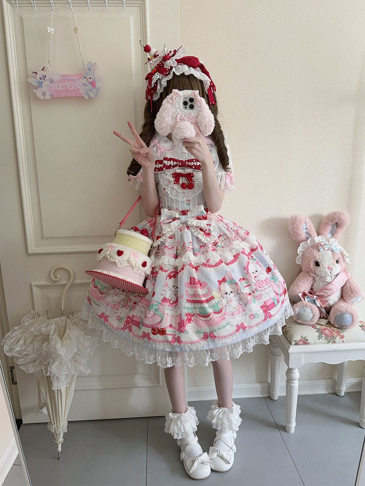 Puppy Sweet Jumper Niedlicher Rock Bunny Print und Kleid Lolita Blau